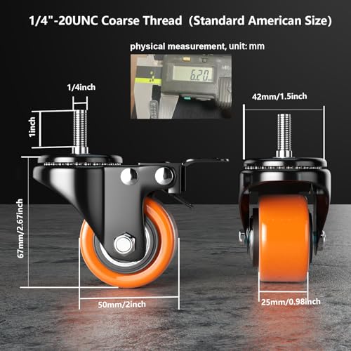 2 Inch Caster Wheels 1/4" Threaded Stem Casters Set of 4 Heavy Duty - color: Orange, size: 2in(1/4"-20)