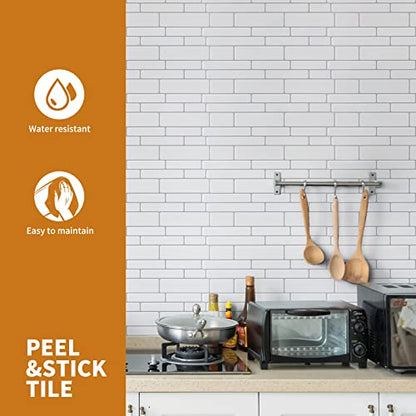 WOWSTAR 10-Sheet White Peel and Stick Backsplash Tiles for Kitchen, Marble Look Stick on Tiles for Kitchen, 12 inches x 12 inches - color: White