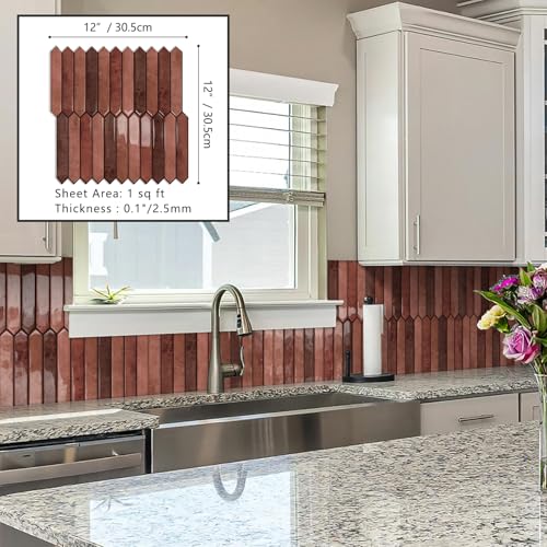 10 Sheet Long Hexagon Peel and Stick Backsplash Tile, 12"x12" 3D Adhesive Glossy Marble Vinyl Stick on Wall Tiles for Bathroom, Kitchen, Living Room (Brown, 12" x 12") - color: Brown