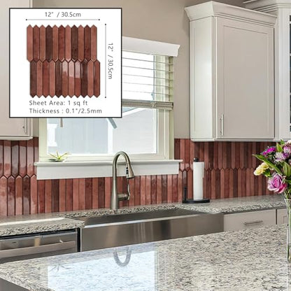 10 Sheet Long Hexagon Peel and Stick Backsplash Tile, 12"x12" 3D Adhesive Glossy Marble Vinyl Stick on Wall Tiles for Bathroom, Kitchen, Living Room (Brown, 12" x 12") - color: Brown