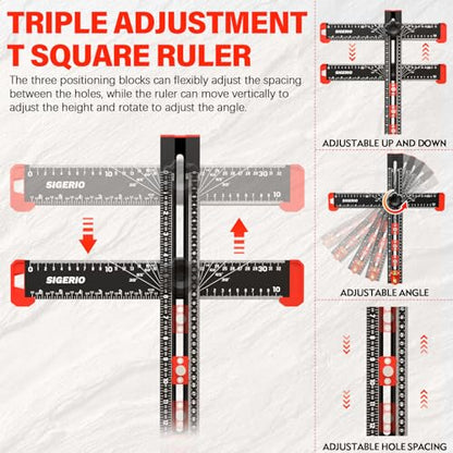 4 in 1 Drilling Positioning Ruler, Aluminum Alloy T Square Ruler 14in, Multifunctional T Ruler, Cabinet Handle Template Tool for Installating Handles, Cabinet Hardware Jig for Woodworking