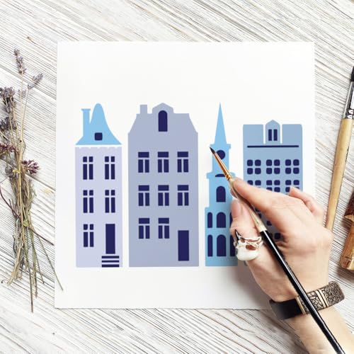 FINGERINSPIRE 6PCS Layered Buildings Painting Stencil with Plastic Brush 8.3x11.7inch Reusable Building Silhouette Template Decorative Architecture Theme Stencil for Adults Painting on Floor Furniture - style: Layered Buildings