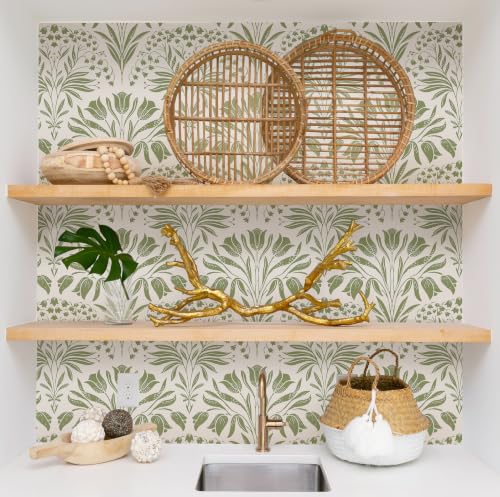 Green Tulip Floral Peel and Stick Wallpaper Retro Green Contact Paper - color: Green, size: 17.3" x 197"