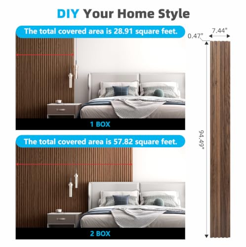 Art3d Wood Slat Wall Panels, Fluted MDF, 6-Pack, 94.6 x 7.4 in,Walnut - color: Walnut