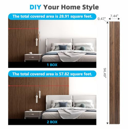 Art3d Wood Slat Wall Panels, Fluted MDF, 6-Pack, 94.6 x 7.4 in,Walnut - color: Walnut