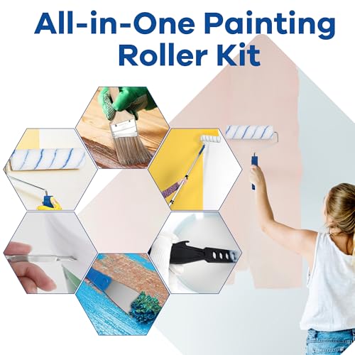 Paint Roller Kit with Extension Pole 28 Piece Set, 4" 9" Paint Roller with Tray, Paint Brushes Set for Professional Painting, House Wall Ceiling Painting Supplies for All Latex and Oil Paints Stains