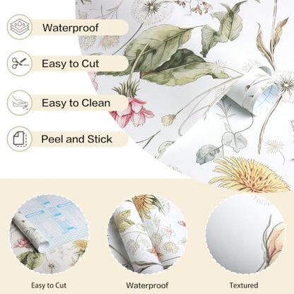 Jeweluck Floral Peel and Stick Wallpaper Wildflower Leaf 16.9"x118.1" - size: 16.9" x 118.1"