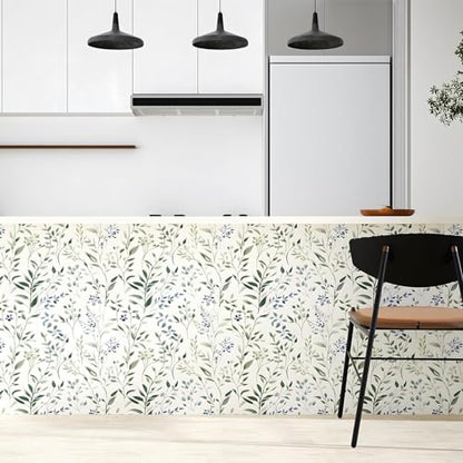 ILHIIOR Blue Leaf Peel and Stick Wallpaper Boho 17.5 x 393 Inches - color: Green, size: 17.5" x 393"