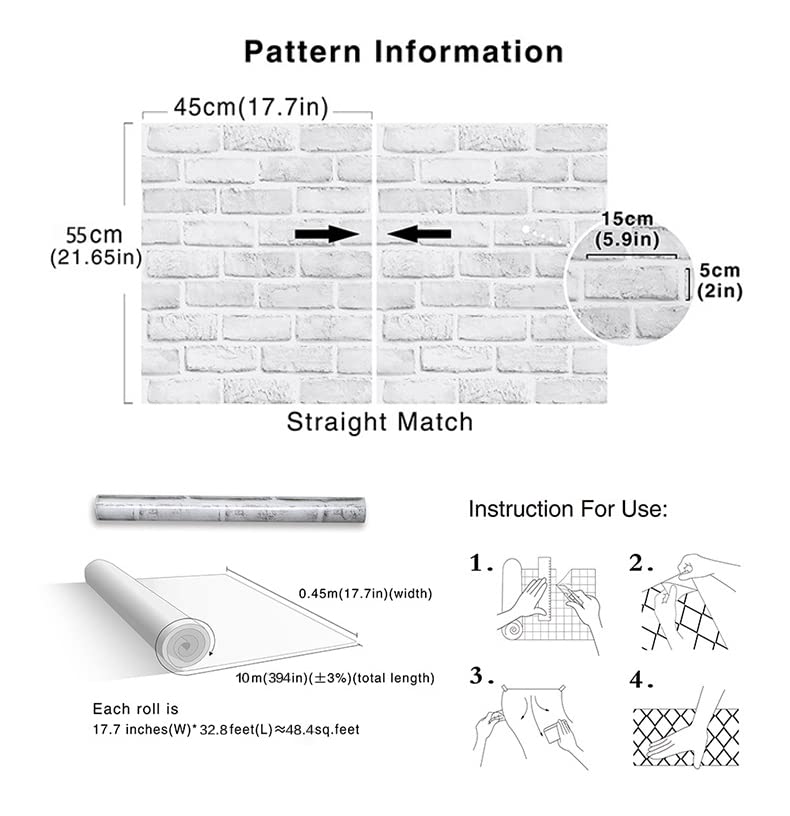 Cohoo Home White Brick Wallpaper Peel and Stick Contact Paper Faux 393”×18” - color: Gray/White, size: 17.7" x 393"