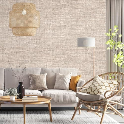 Khaki Grasscloth Peel and Stick Wallpaper 17.3"x480" Faux Linen Textured Contact Paper Removable Self Adhesive Vinyl Wallpaper for Bedroom Bathroom Kitchen Cabinets - color: Khaki, size: 17.3" x 480"
