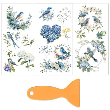 OLYCRAFT 3pcs/Set Blue Bird with Hydrangea Rub on Transfers for Furniture and Crafts 6x12 Inch Nature Theme Furniture Transfer Sticker Decals Transfer Stickers Rub on Decals for Furniture Home Decor - style: Blue Bird