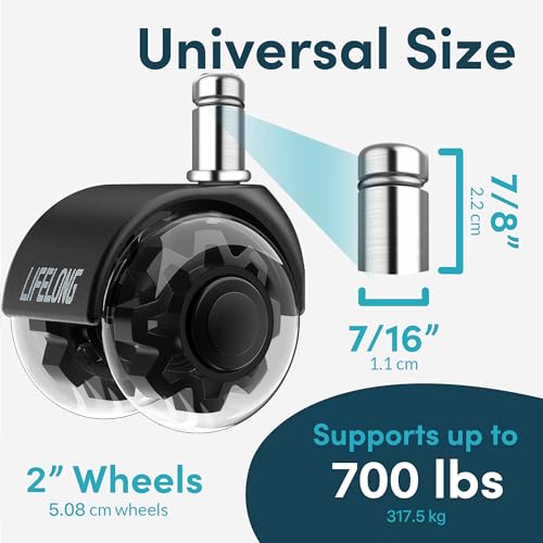 Lifelong Dual Office Chair Wheels Replacement, Heavy Duty, 5-Pack Fits 98% - color: Clear & Black, size: 2 Inch
