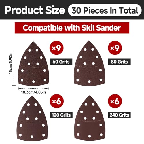 60 PCS Sander Replacement Pad Compatible with Skil, Detail Sander Sandpaper 60/80/120/240 Grits Mixed, Sanders Sandpaper with Hook and Loop Back, for Mouse Detail Sanders, 11-Hole Design