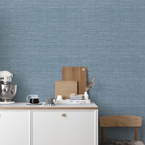 JiffDiff Grasscloth Wallpaper Peel and Stick Blue Grassweave Stick on Wallpaper Textured Self Adhesive Wall Paper Contact Paper 787" x 17.3" - color: Dark Blue, size: 17.3" x 787"