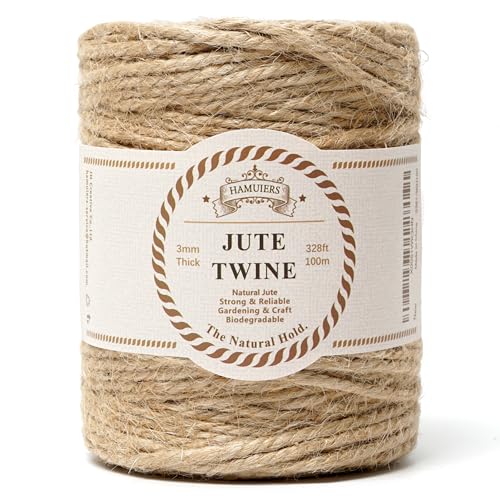 3mm Jute Twine & Rope 328ft, Natural Burlap String for Crafts, Gift Wrapping, DIY Macrame, Floristry, Wedding Cards, Long Jute Cord for Gardening, Tomato & Climbing Plants (Brown) - size: 3mm