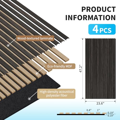 Art3d 47 x 23.6 in Acoustic Wood Slat Design Wall Panels, 4-Pack, Grey Oak - color: Grey Oak, size: 23.6" x 47"