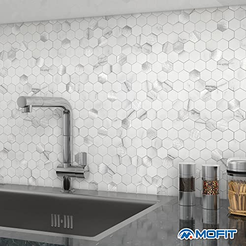 Peel and Stick Backsplash Hexagon Marble Tiles White Silver 10pcs - color: White Silver, size: 10sheets