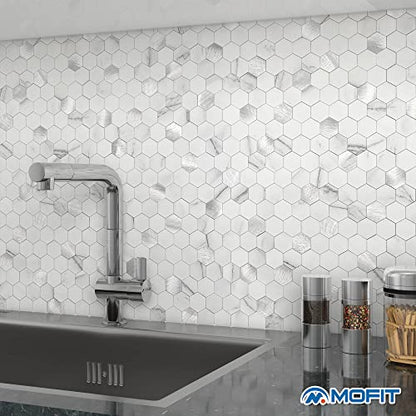 Peel and Stick Backsplash Hexagon Marble Tiles White Silver 10pcs - color: White Silver, size: 10sheets