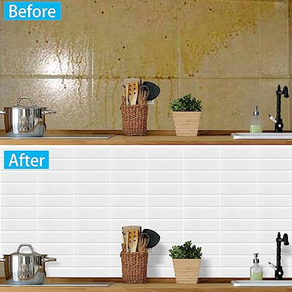 Alwayspon 12×12inch×10Pcs 2.5mm Thick Version White 3D Vinyl Backsplash Tiles, Self-Adhesive Peel and Stick Wall Tile Stickers Stick on Subway Tiles for Kitchen Bathroom Wall - color: White