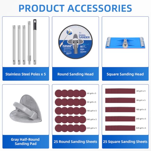 Drywall Pole Sander Kit with Corner Sander, 2 Sanding Heads & 50 Sandpaper