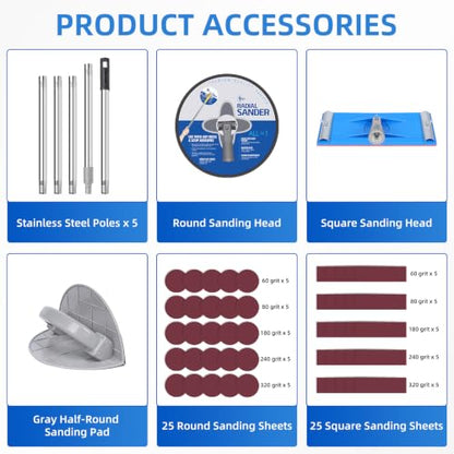 Drywall Pole Sander Kit with Corner Sander, 2 Sanding Heads & 50 Sandpaper