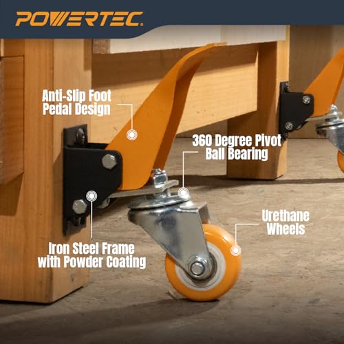 POWERTEC 2-1/2" Workbench Caster Kit – Set of 4 Retractable Stepdown Wheels, 600 lb Capacity for Workbenches, Tables, Stands & Equipment (17224) - size: 2-1/2"