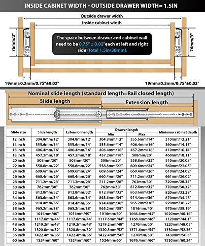 Heavy Duty Drawer Slides 12 14 16 18 20 22 24 26 28 30 32 34 36 40 44 48 52 56 60 Inch 500 Lbs Side Mount Full Extension Ball Bearing Rails Rail Tool Box Runner -W:76mm, 14 Inch - size: 14 Inch, style: Load:500 lb (No lock) -W:76mm