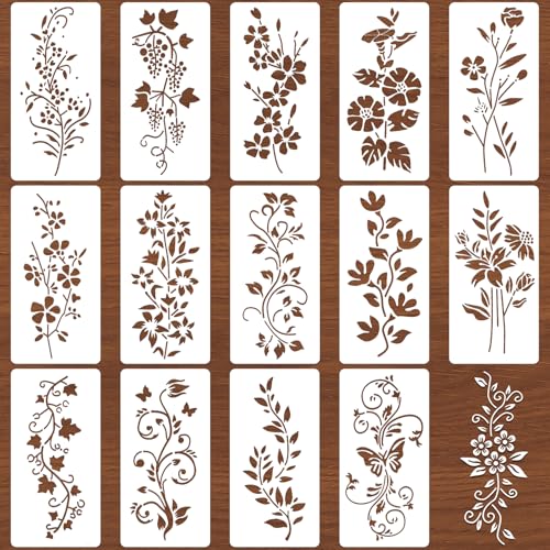 Flower Stencils for Crafts Reusable 15Pcs Stencils(11.8X5.9 Inch) - color: Flower