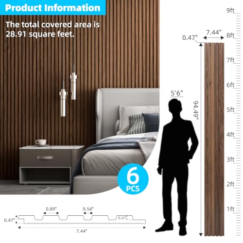 Art3d Wood Slat Wall Panels, Fluted MDF, 6-Pack, 94.6 x 7.4 in,Walnut - color: Walnut