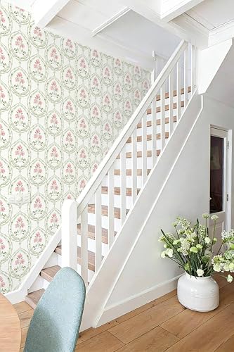 Boho Floral Peel and Stick Wallpaper Green and Pink Self Adhesive Wallpaper - color: Green and Pink