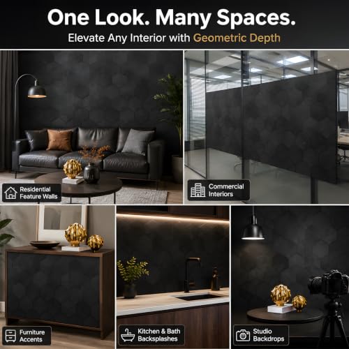 Black 3D Hexagon Peel and Stick Self Adhesive Removable Contact Wallpaper - color: Black, size: 15.7" x 118"