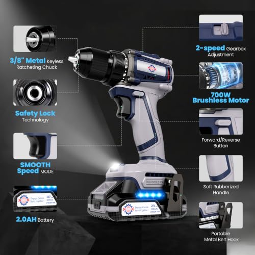 20V Max Brushless Cordless Drill Kit, 70 N·m, 3/8-Inch Keyless Chuck - color: Grau 1