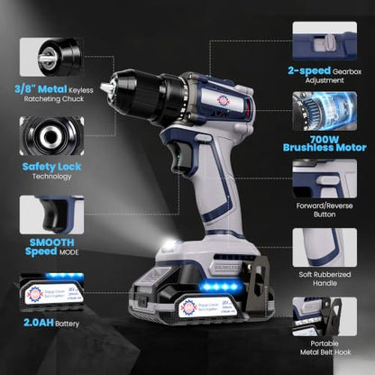 20V Max Brushless Cordless Drill Kit, 70 N·m, 3/8-Inch Keyless Chuck - color: Grau 1
