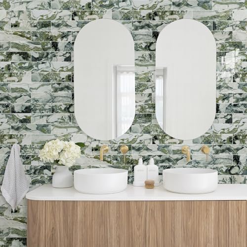 Vamos Tile Peel & Stick Backsplash on Subway Tile,40-Pack 3''x12'',Glossy - color: Ice Green with White Grout