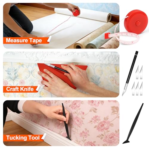 WRAPXPERT Wallpaper Tools, Smoothing Tool Kit for Peel and Stick Wallpaper/Contact Paper/Vinyl Backsplash Applying, with Squeegee Smoother, Seam Roller, Razor Scraper, Knife and Blades - color: T30