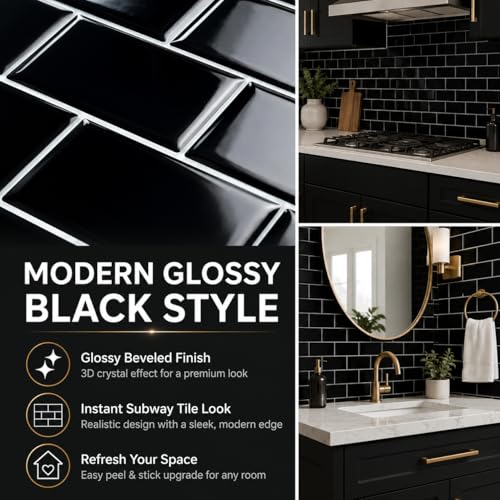 Zimtty Peel and Stick Subway Tile Backsplash for Kitchen Bathroom, Self Adhesive Wall Tiles, 10-Sheet 12"×12" - color: Black