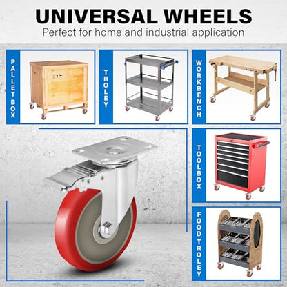 5 Inch Caster Wheels Heavy Duty Casters Set of 4, 2400 LBS Load Capacity - color: Red & Silver, size: 5 Inch