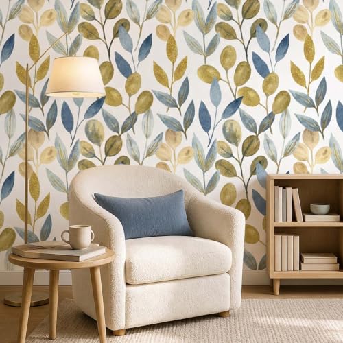 Blue and Gold Leaf Peel and Stick Wallpaper 17.7" x 70.8" - color: Blue/Gold, size: 17.7" x 70.8"