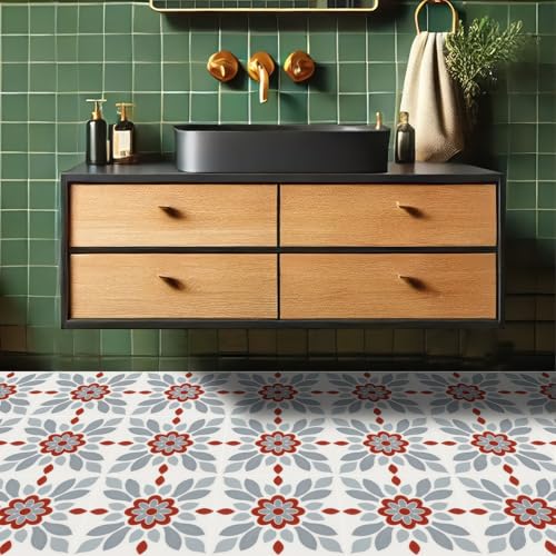 HOMETITUTE Nordic Red Grey Flower Peel Stick Floor 12x12 in Vinyl Flooring - color: Red