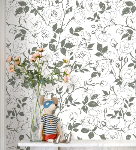 16.9in x118in Rose Floral Peel and Stick Wallpaper Gray Green Wallpaper - color: Gray Green Rose