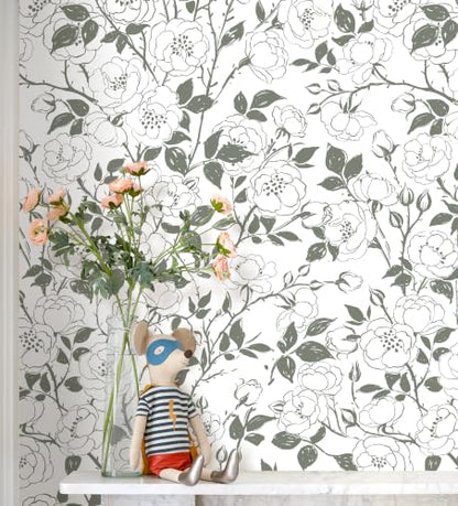 16.9in x118in Rose Floral Peel and Stick Wallpaper Gray Green Wallpaper - color: Gray Green Rose