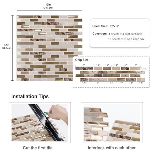 CRE8TIVE 4 Sheets Brown Peel and Stick Backsplash for Kitchen, 12"x12" Back Splash Stick on Tiles, Waterproof Self Adhesive Backsplash for Bathroom, Laundry Room, Fireplace, Metallic & Marble Design - size: 12"x12" (4-Sheets)