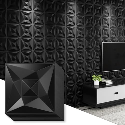 Black PVC 3D Wall Panels, 33 Pack 11.8''x11.8''Geometric Design for Modern Home Decor Upgrade, Textured Tile Decorative & Paintable for Living Room Lobby Bedroom Hotel Office - color: Black