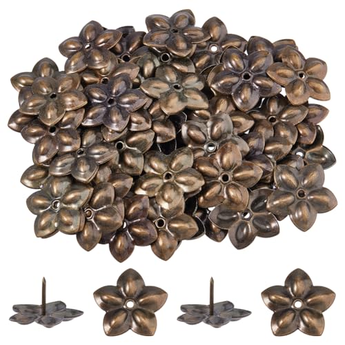 SUPERFINDINGS 100Pcs Upholstery Tacks Flower Vintage Upholstery Nails Antique Bronze Upholstery Decorative Tacks Sofa Foam Nails for Chair Bed Furniture Decoration