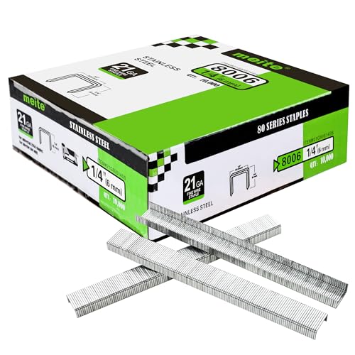 meite 21 Gauge 1/2-inch Crown Upholstery Staples,304 Stainless Steel with 1/4-inch Leg Length, Heavy Duty Staples for Staple Gun MT8016 (10,000 Counts) - size: 1/4" (6 mm), style: 1 Box