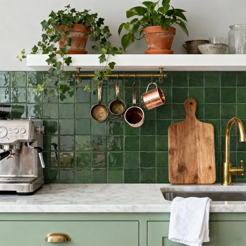 24 Sheets Peel and Stick Backsplash Tiles, 6x6 Inch Self-Adhesive 3D Square Wall Tile Stickers for Kitchen, Bathroom, RV, Countertops, Furniture, Stairs, Green - color: Green