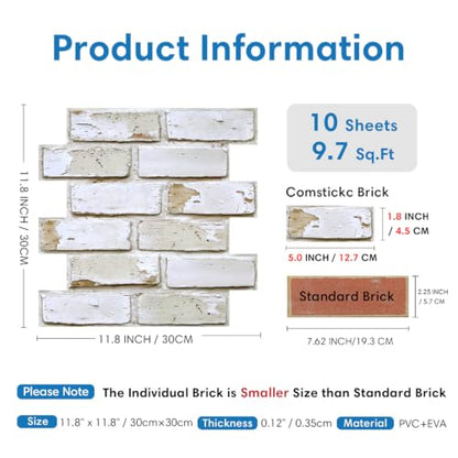 COMSTICKC 3D Faux Brick Wall Panels Peel and Stick, 10 Pcs 11.8" x 11.8" - color: Retro White - 2
