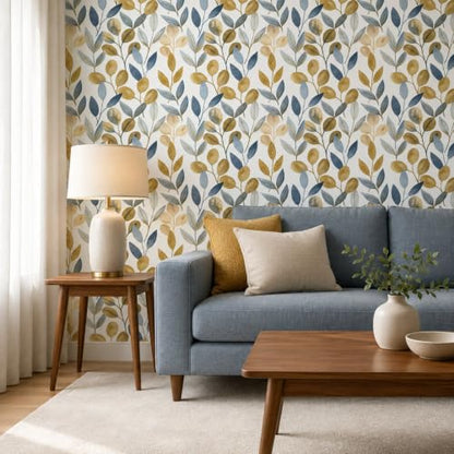 Blue and Gold Leaf Peel and Stick Wallpaper 17.7" x 124" - color: Blue/Gold, size: 17.7" x 124"