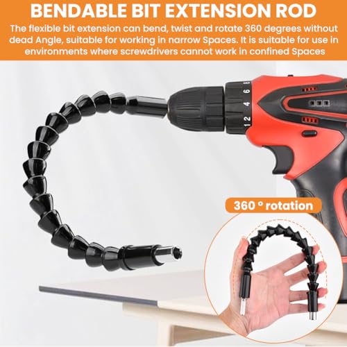 21Pcs Right Angle Drill Attachment Set Include 2Pcs Flexible Drill Bit Extension 3Pcs 360° Rotatable Socket Adapter 2Pcs Hex Shank 105° Right Angle Attachment 10 Screwdriver Bits(COLOR:black)