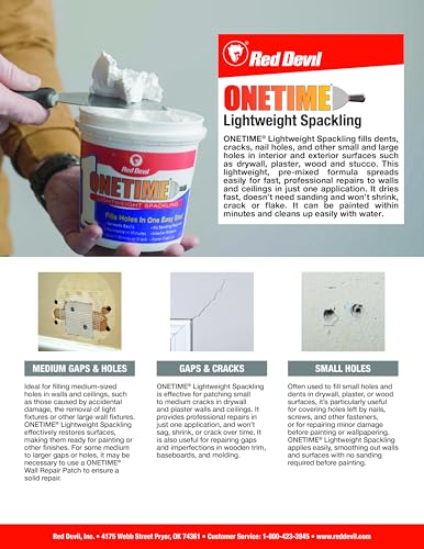 Red Devil 0542 ONETIME Lightweight Spackle Wall Repair, Spackling for Holes Drywall, 1/2 Pint, White, 8 Ounce, Made in USA - size: Pack of 1, style: 1/2 Pint
